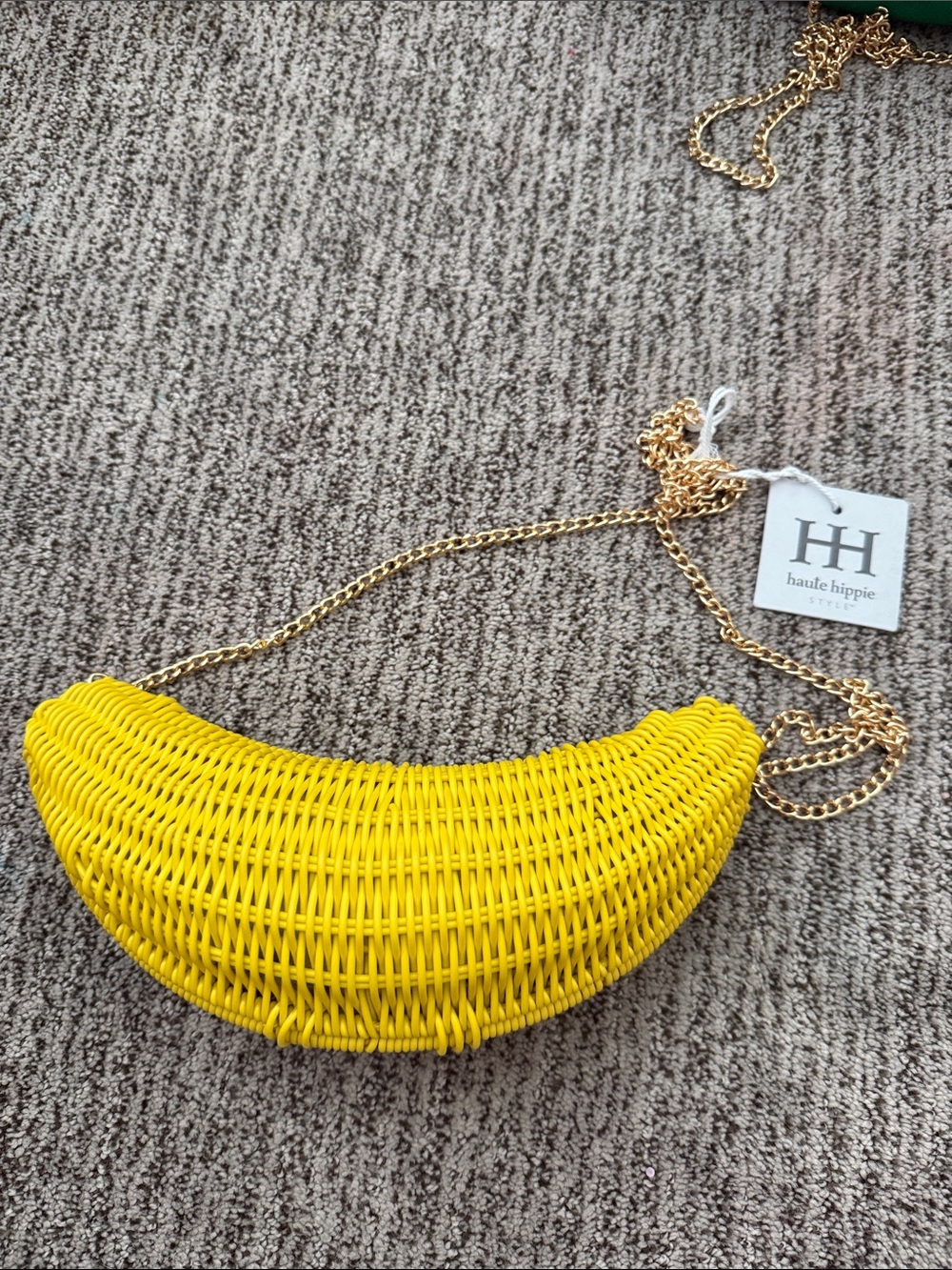 Haute Hippie Bright Yellow Woven Banana Crossbody with Gold Chain